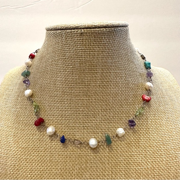 Sterling Silver 925 & Multi-color Genuine Gemstone & Pearl Necklace amethyst - Picture 3 of 8
